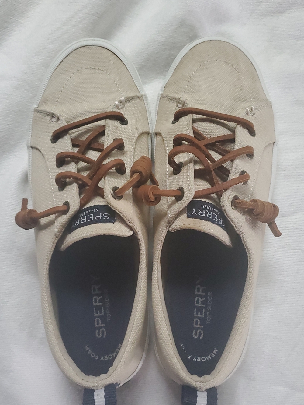 Sperry Natural Canvas Boat Shoes with Brown Laces